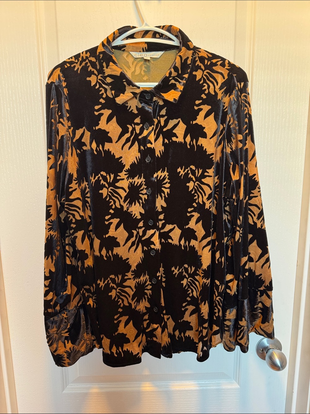cleo Black and Burnt Orange Floral Velvet Button Down